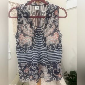 CAbi Sheer Paisley Stripe Ruffle V-Neck Sleeveless Blouse Women’s S